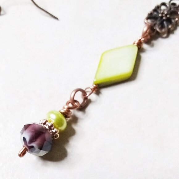 Pale Green [almost Chartreuse] Millefiori Glass + Copper! X-Long & Lightweight! - Picture 3 of 8